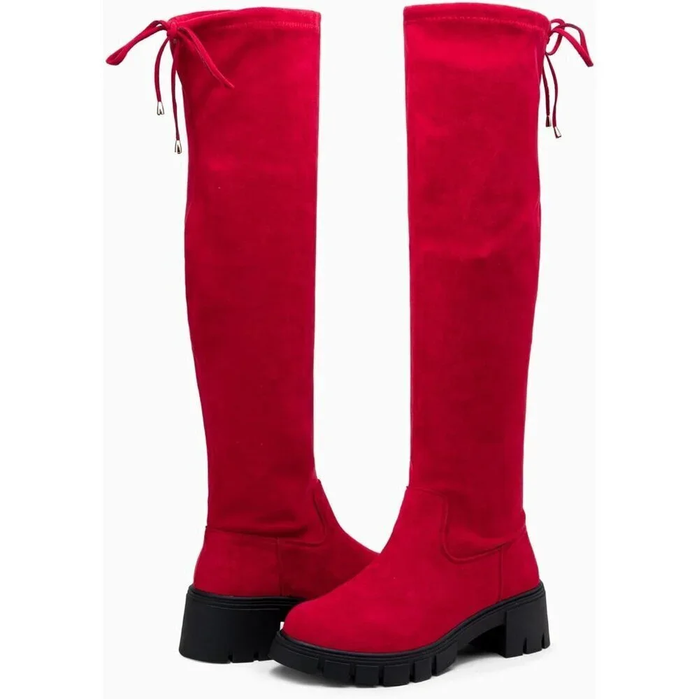 Women's Platform Boots-990-red Over The Knee Thigh High Round Toe Long Boot